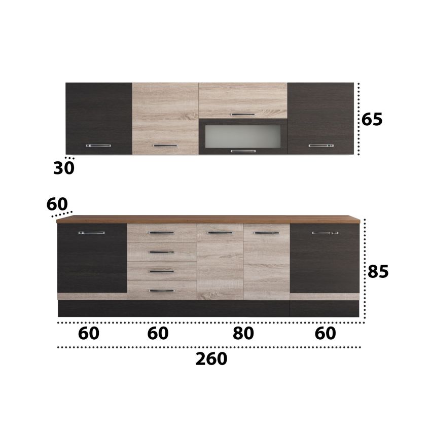 Bucatarie Alfa 260, Cu vitrina, Sonoma/Wenge, Blat termic nuc