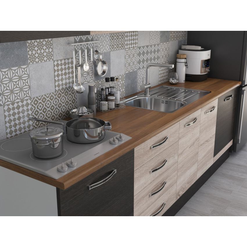 Bucatarie Alfa 260, Cu vitrina, Sonoma/Wenge, Blat termic nuc