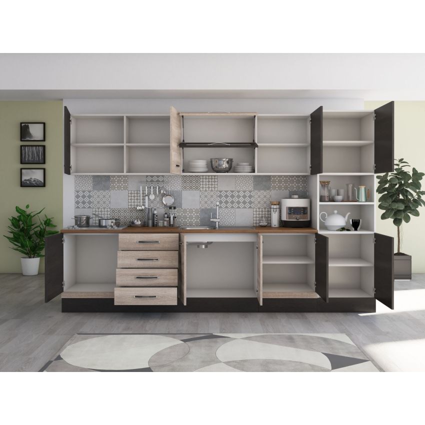 Bucatarie Alfa 320, sonoma/wenge, blat termic nuc, corp pentru cuptor incorporabil