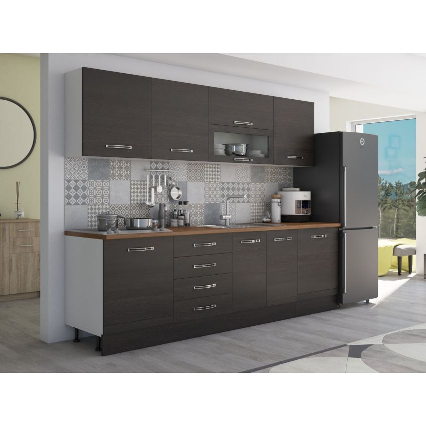 Bucatarie Alfa 260, Cu vitrina, Wenge, Blat termic nuc