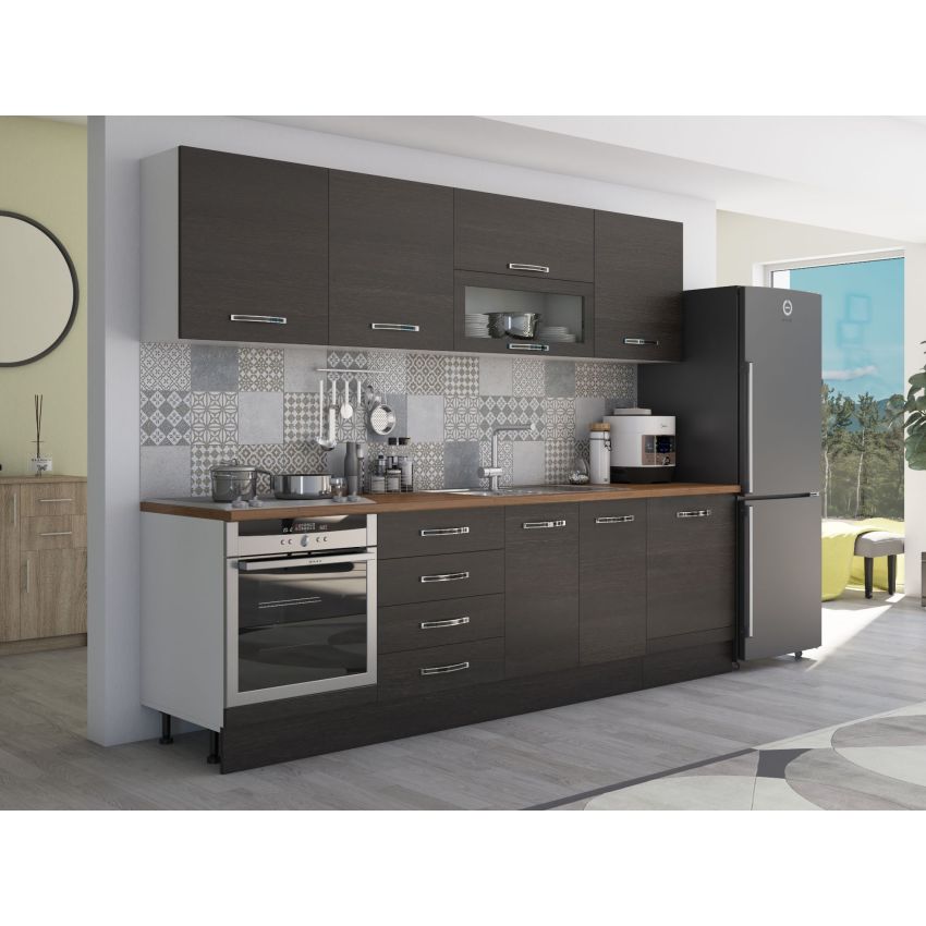 Bucatarie Alfa 260, Cu vitrina, Wenge, Blat termic nuc