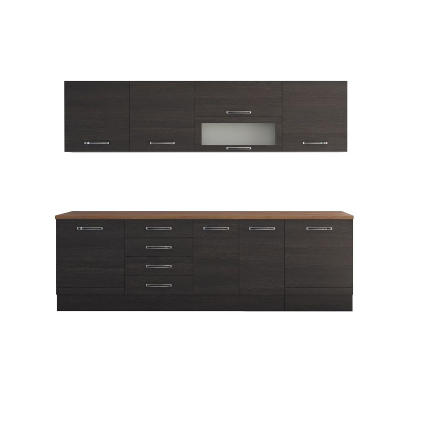 Bucatarie Alfa 260, Cu vitrina, Wenge, Blat termic nuc