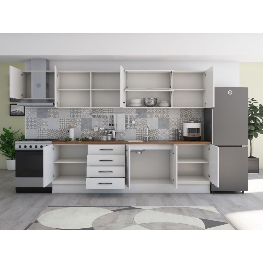 Bucatarie Alfa 320, alb, blat termic nuc, corp hota