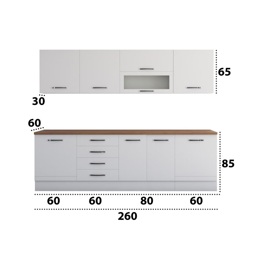 Bucatarie Alfa 260, Cu vitrina, Alb, Blat termic nuc