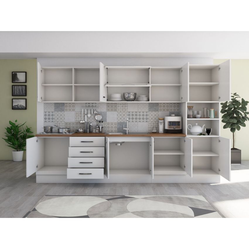 Bucatarie Alfa 320, alb, blat termic nuc, corp pentru cuptor incorporabil