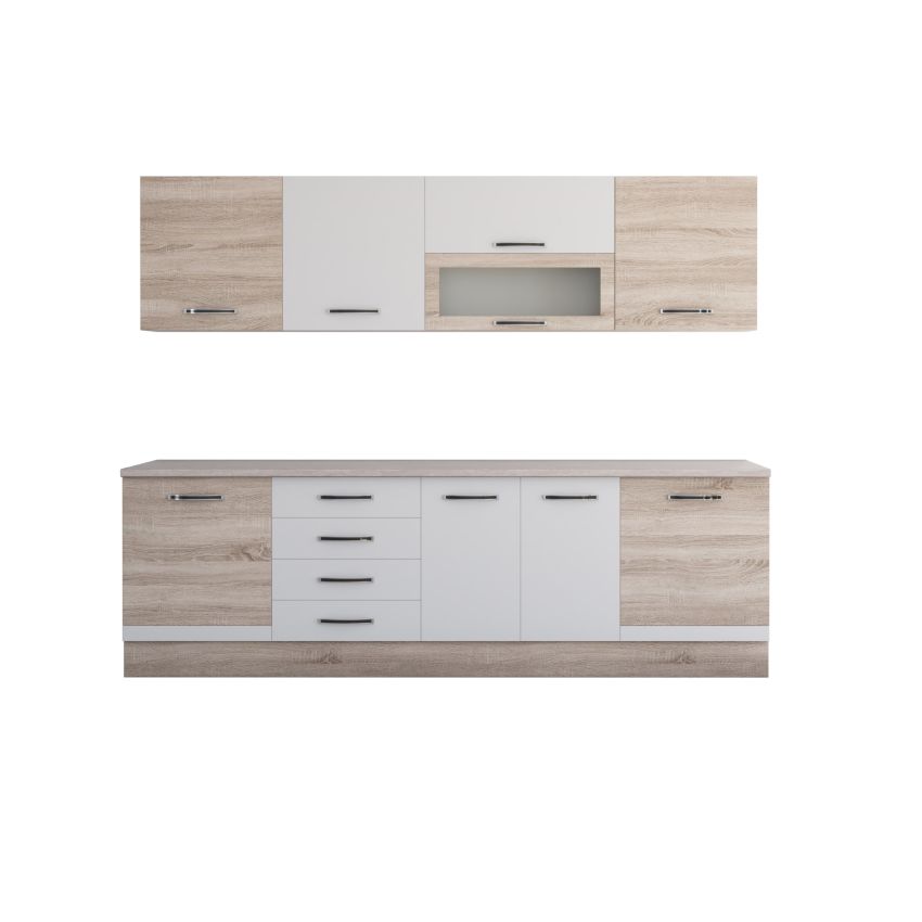 Bucatarie Alfa 260, Cu vitrina, Alb/Sonoma, Blat termic travertin
