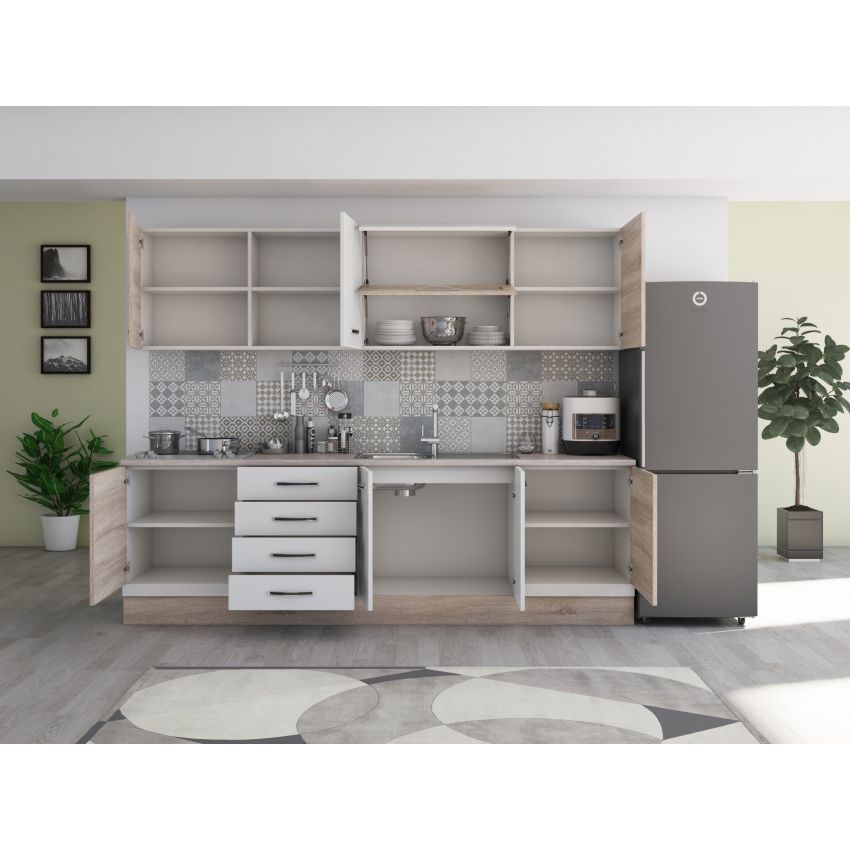 Bucatarie Alfa 260, Cu vitrina, Alb/Sonoma, Blat termic travertin