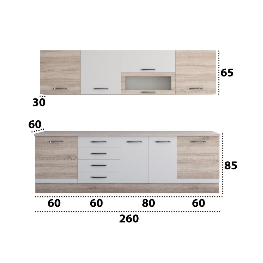 Bucatarie Alfa 260, Cu vitrina, Alb/Sonoma, Blat termic travertin