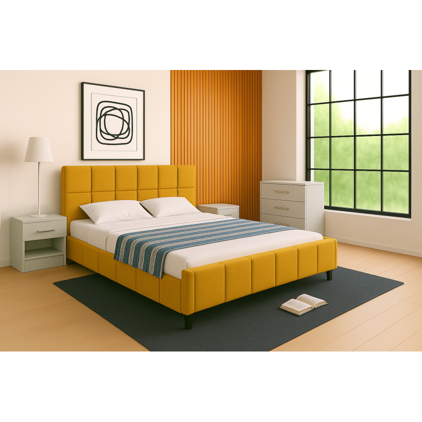 Pat 2223, 160x200, tapitat, Galben, cu 2 noptiere