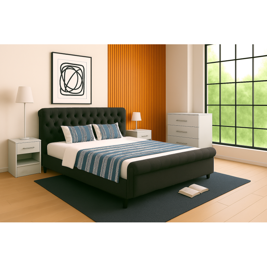 Pat 9036, 160x200, tapitat, Negru, cu 2 noptiere si comoda