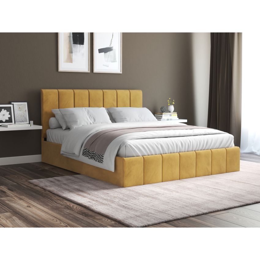 Pat Cozy cu saltea, 140x200 cm, galben, suport saltea din PAL