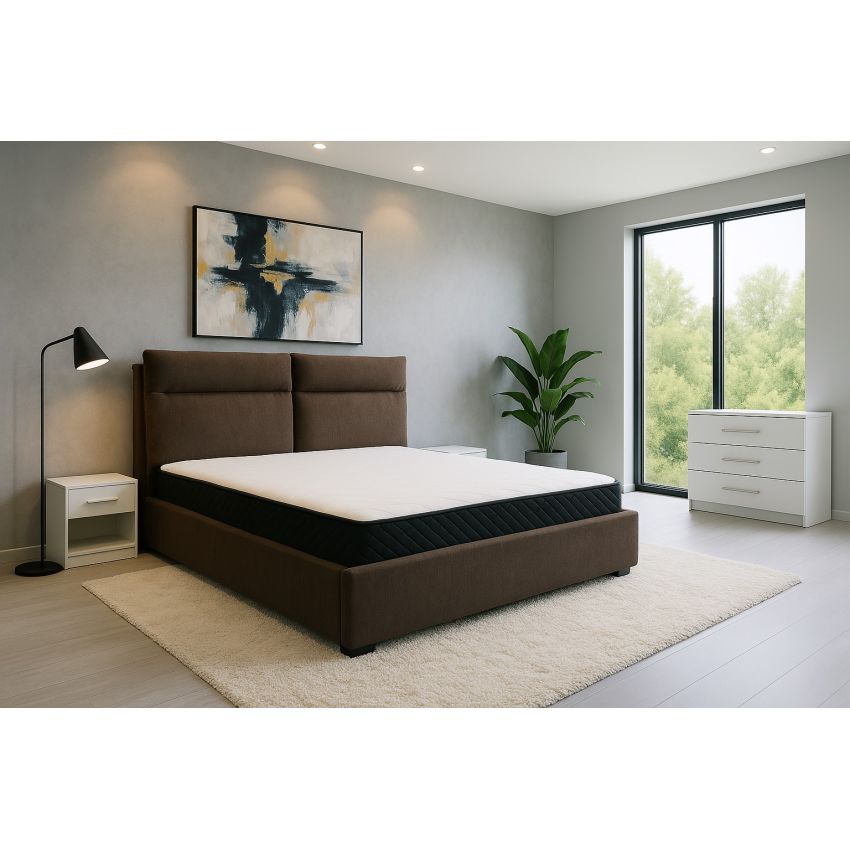 Pat 9077, 160x200, tapitat, Maro, cu 2 noptiere si comoda
