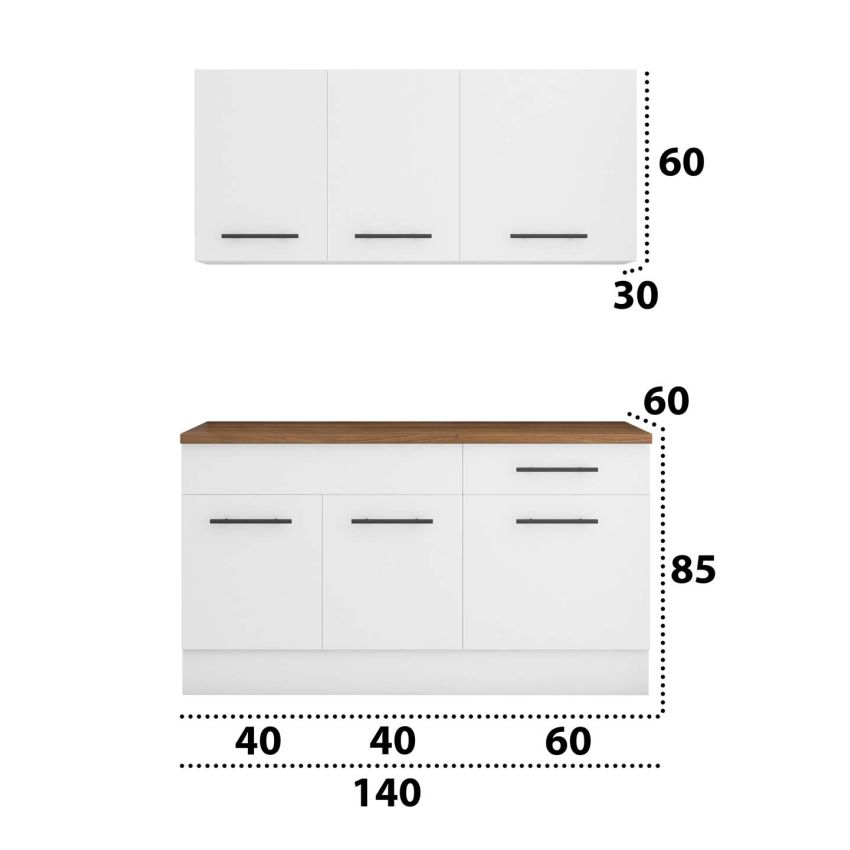 Bucatarie Sofia 140 cm, Alb, Blat termic nuc