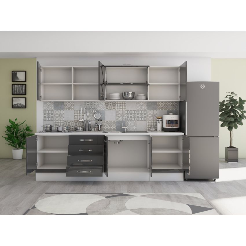 Bucatarie Alfa 260, Cu vitrina, Gri lucios, Blat termic alb