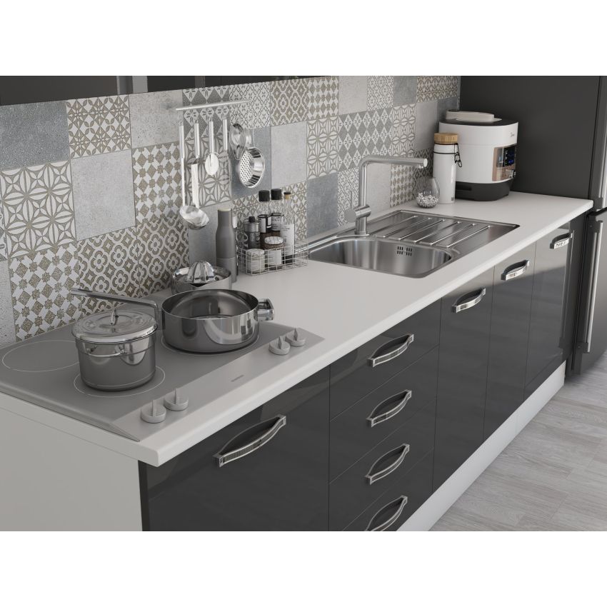 Bucatarie Alfa 260, Cu vitrina, Gri lucios, Blat termic alb
