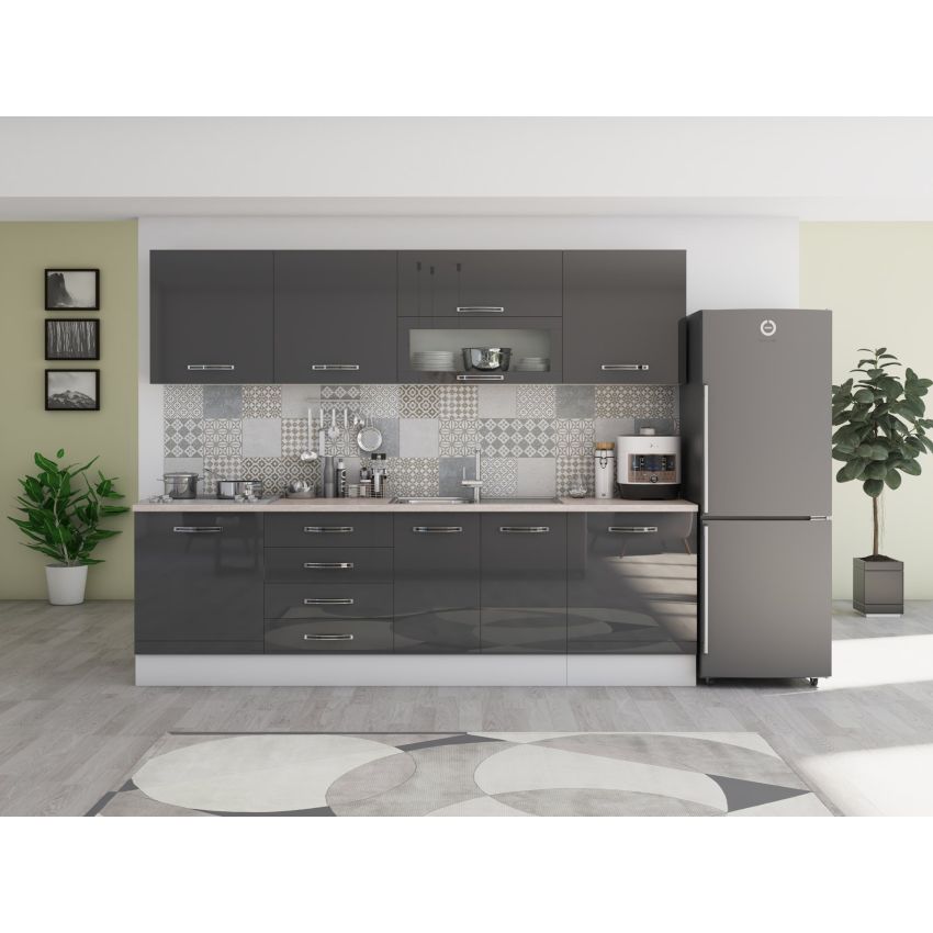 Bucatarie Alfa 260, Cu vitrina, Gri lucios, Blat termic travertin