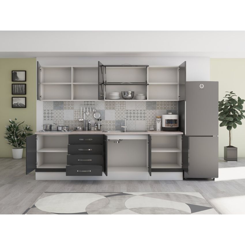 Bucatarie Alfa 260, Cu vitrina, Gri lucios, Blat termic travertin