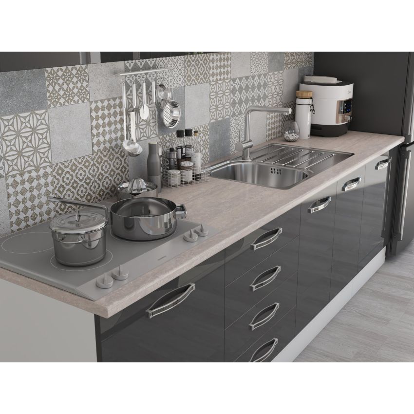 Bucatarie Alfa 260, Cu vitrina, Gri lucios, Blat termic travertin