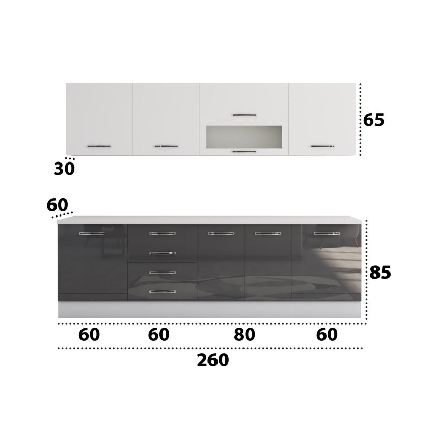 Bucatarie Alfa 260, Cu vitrina, Gri/Alb lucios, Blat termic alb