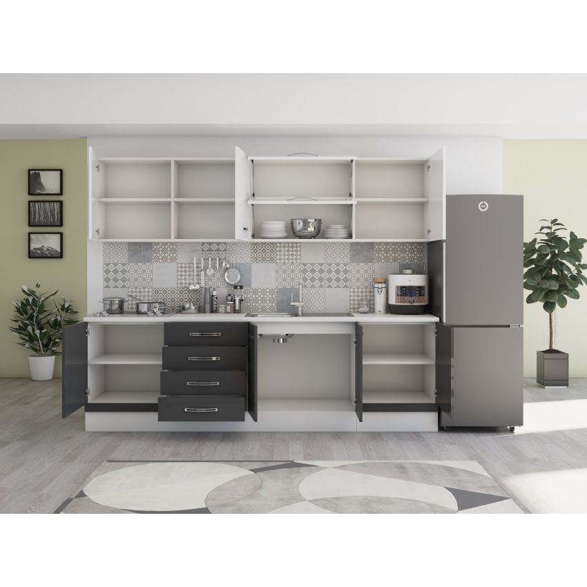 Bucatarie Alfa 260, Cu vitrina, Gri/Alb lucios, Blat termic alb