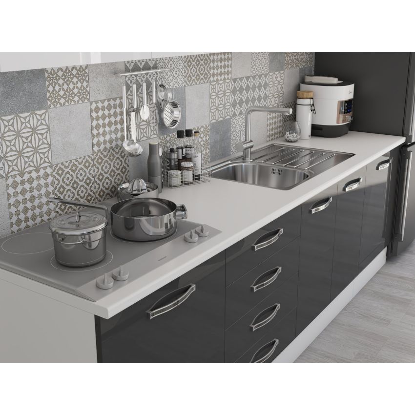 Bucatarie Alfa 260, Cu vitrina, Gri/Alb lucios, Blat termic alb