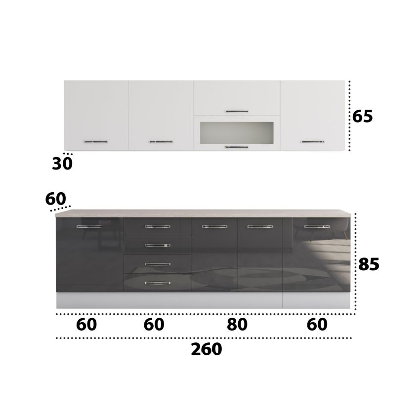 Bucatarie Alfa 260, Cu vitrina, Gri/Alb lucios, Blat termic travertin