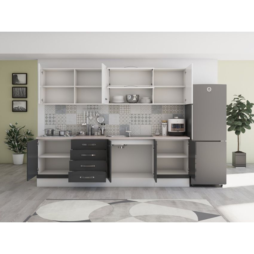 Bucatarie Alfa 260, Cu vitrina, Gri/Alb lucios, Blat termic travertin