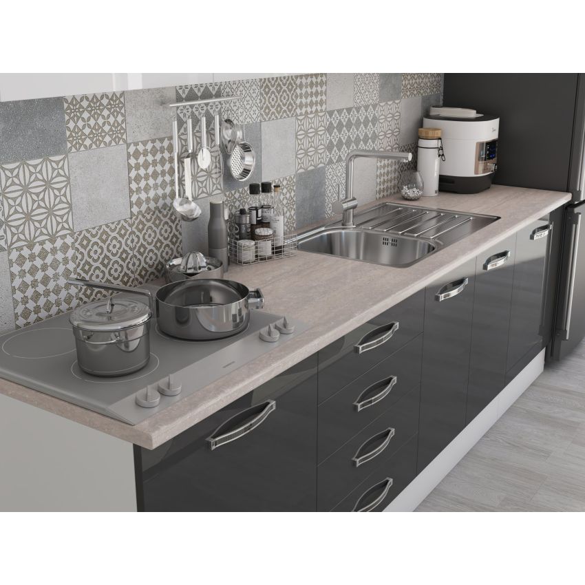 Bucatarie Alfa 260, Cu vitrina, Gri/Alb lucios, Blat termic travertin
