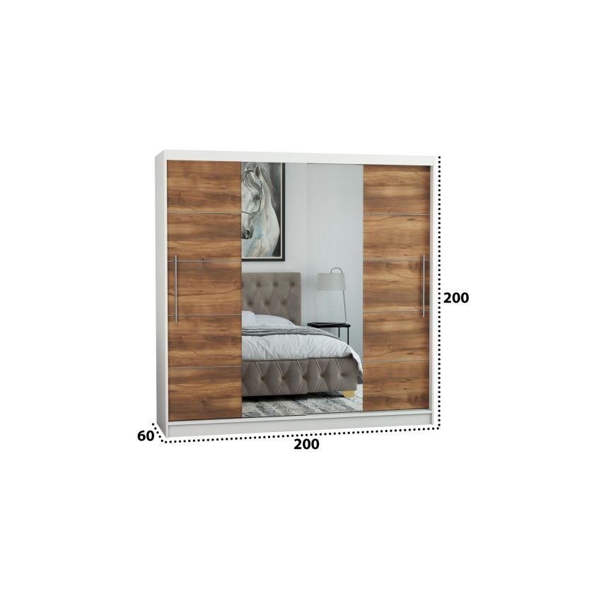 Dressing Sara, cu oglinda, 200x200x60 cm, Alb/Nuc