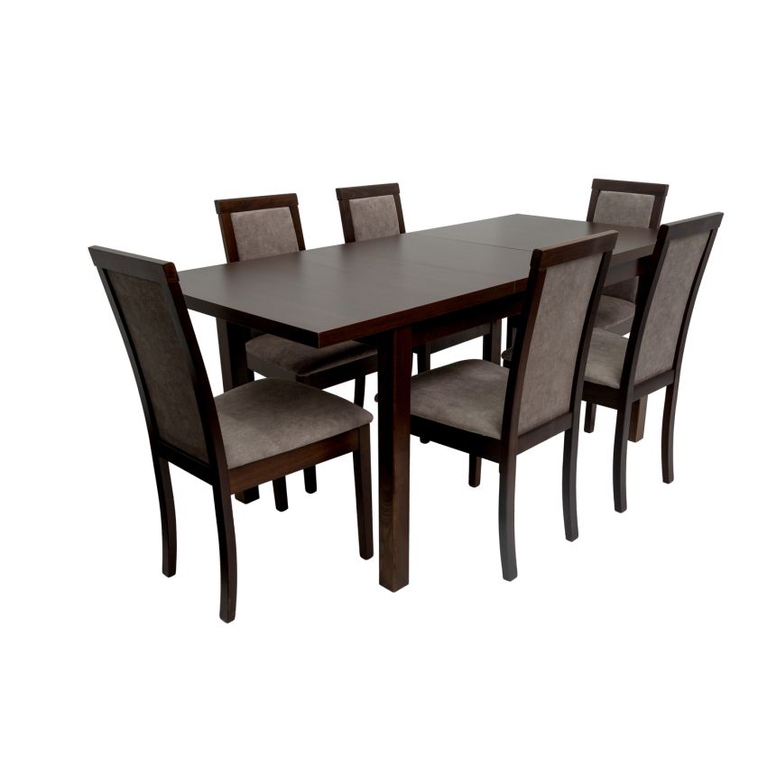 Set masa extensibila Mb-21 modena1, 140-180x80 cm cu 6 scaune tapitate Roma 4 o 25b, nuc, lemn masiv de fag, stofa