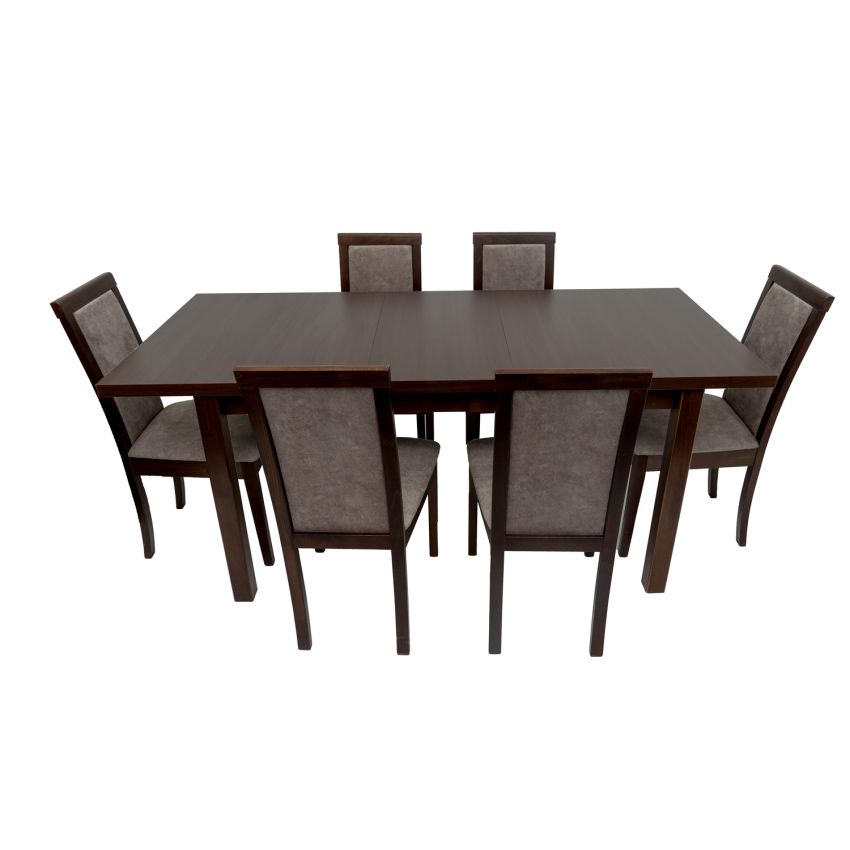 Set masa extensibila Mb-21 modena1, 140-180x80 cm cu 6 scaune tapitate Roma 4 o 25b, nuc, lemn masiv de fag, stofa