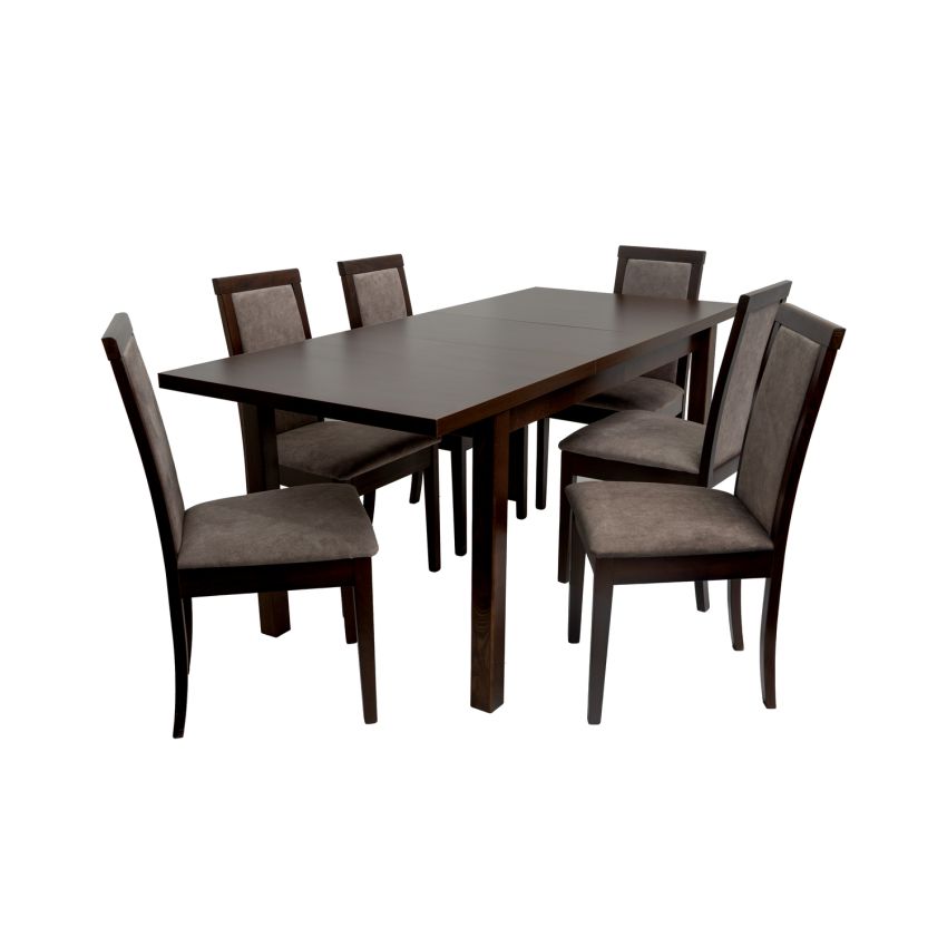 Set masa extensibila Mb-21 modena1, 140-180x80 cm cu 6 scaune tapitate Roma 4 o 25b, nuc, lemn masiv de fag, stofa