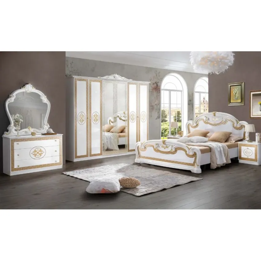 Dormitor Paloma, bej, pat 160x200 cm, dulap cu 6 usi, comoda, 2 noptiere