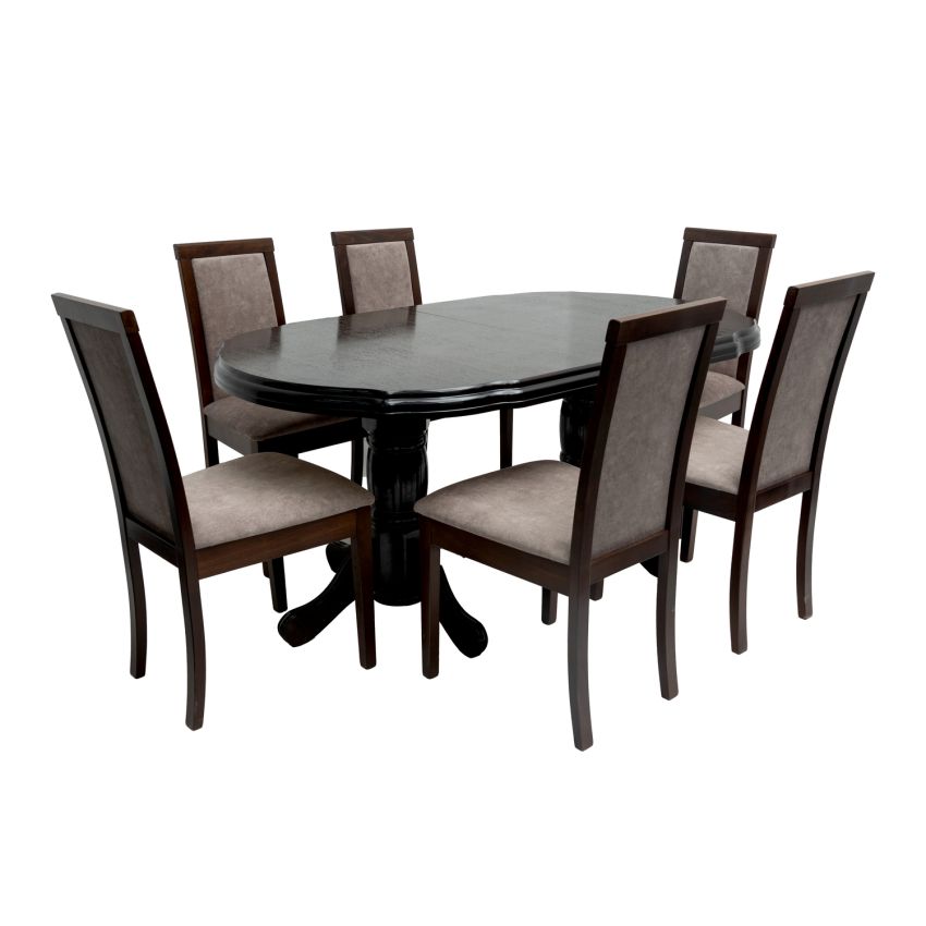 Set masa extensibila jork 160-200 cm, lemn masiv wenge, cu 8 scaune tapitate nuc, Roma 4 O 25b