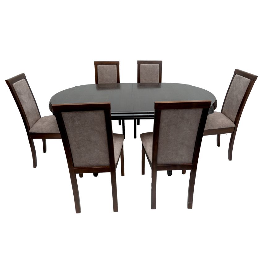 Set masa extensibila jork 160-200 cm, lemn masiv wenge, cu 8 scaune tapitate nuc, Roma 4 O 25b