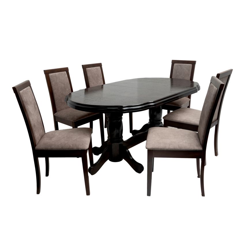 Set masa extensibila jork 160-200 cm, lemn masiv wenge, cu 8 scaune tapitate nuc, Roma 4 O 25b