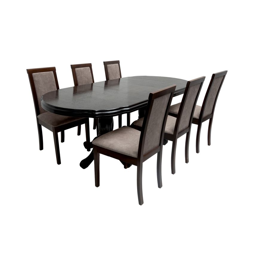 Set masa extensibila jork 160-200 cm, lemn masiv wenge, cu 8 scaune tapitate nuc, Roma 4 O 25b