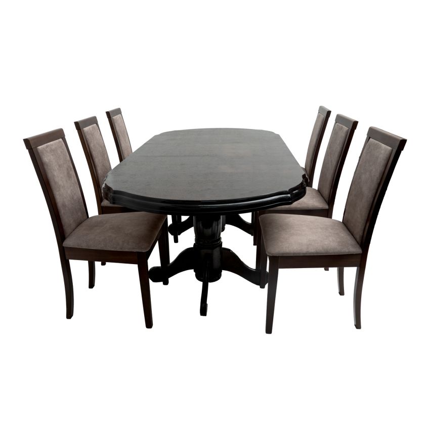 Set masa extensibila jork 160-200 cm, lemn masiv wenge, cu 8 scaune tapitate nuc, Roma 4 O 25b