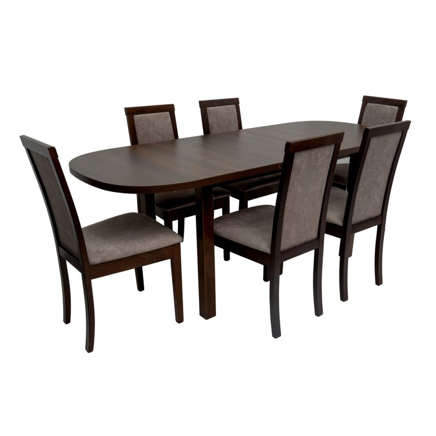 Set masa extensibila 160x200cm MB-12 Venus1 cu 6 scaune tapitate Roma 4 O 25b, nuc, lemn masiv de fag, stofa