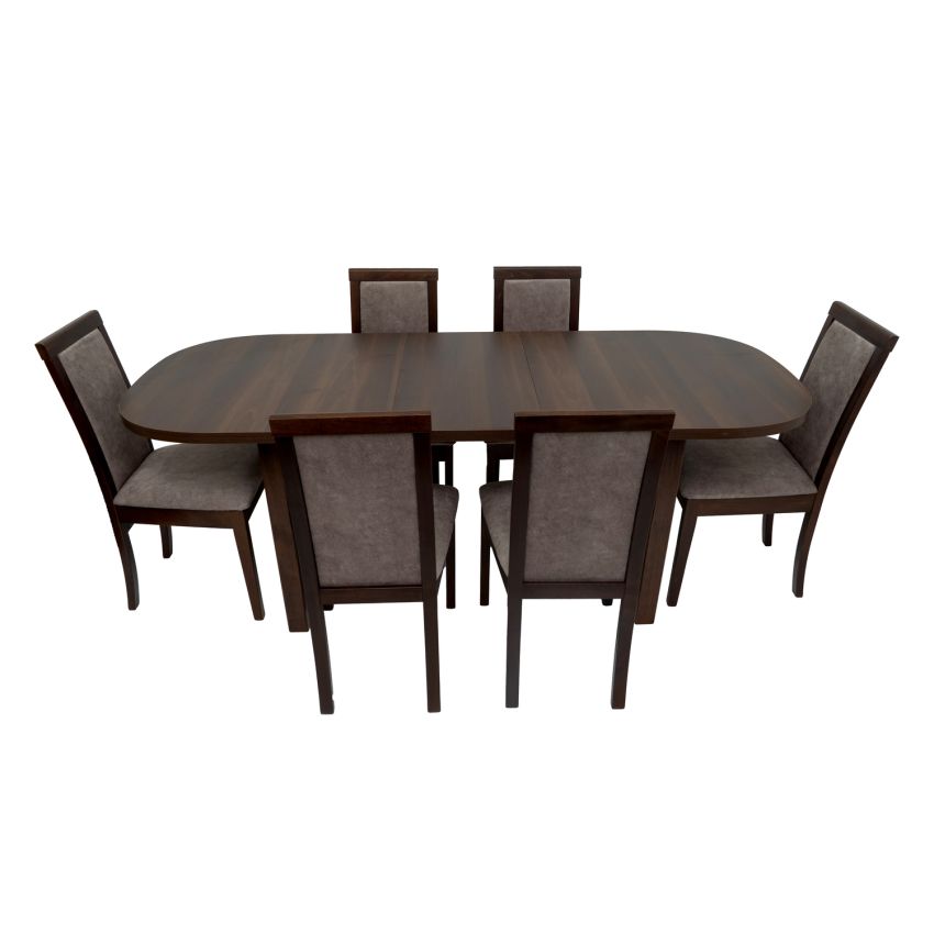 Set masa extensibila 160x200cm MB-12 Venus1 cu 6 scaune tapitate Roma 4 O 25b, nuc, lemn masiv de fag, stofa