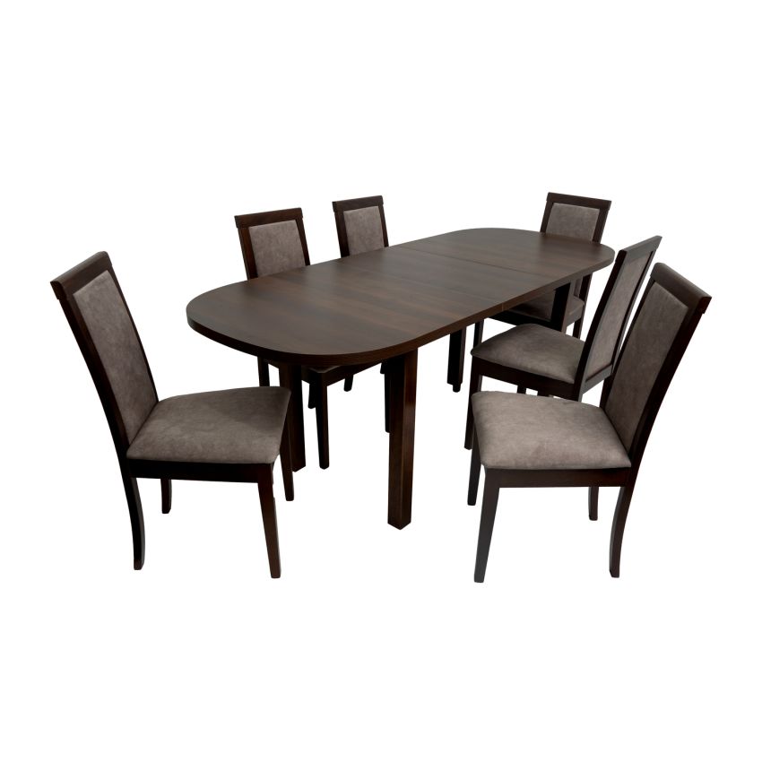 Set masa extensibila 160x200cm MB-12 Venus1 cu 6 scaune tapitate Roma 4 O 25b, nuc, lemn masiv de fag, stofa
