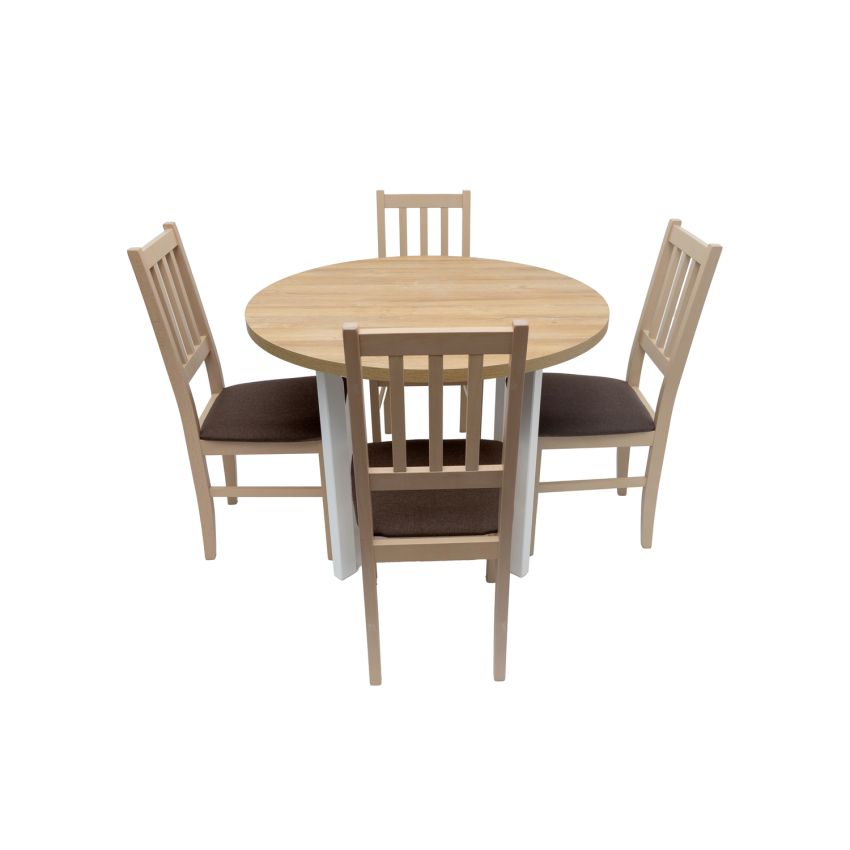 Set masa fixa 100 cm Mb-12 poli2 b/g cu 4 scaune tapitate S-38 boss4 s6, alb/nuc, lemn masiv, stofa