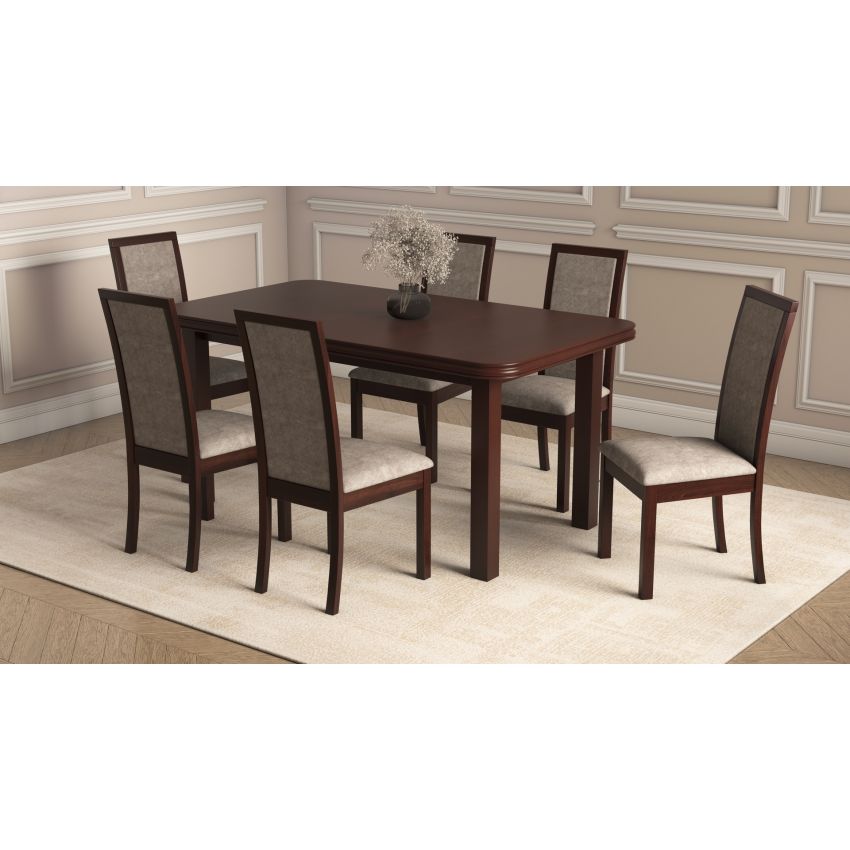 Set masa extensibila 160/200x90 cm MB-13 Venus5 cu 8 scaune tapitate Roma4 O 25b, nuc, lemn masiv de fag, MDF, stofa