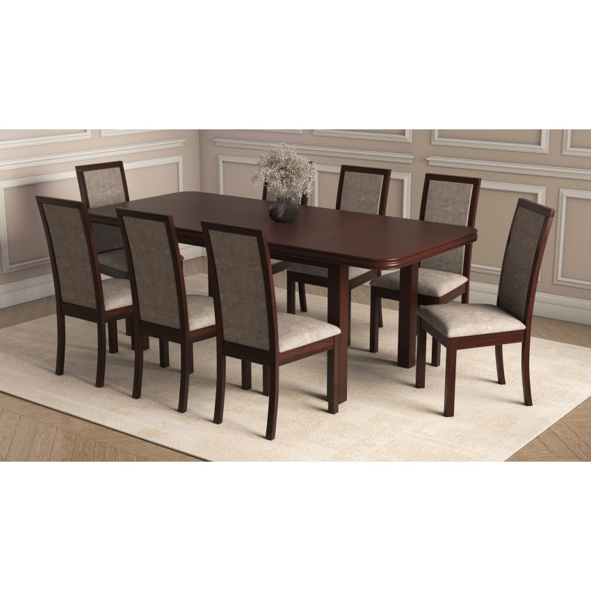 Set masa extensibila 160/200x90 cm MB-13 Venus5 cu 8 scaune tapitate Roma4 O 25b, nuc, lemn masiv de fag, MDF, stofa