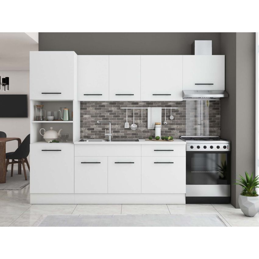 Bucatarie Sofia 260 cm, Alb, Blat termic alb, Corp cuptor incorporabil