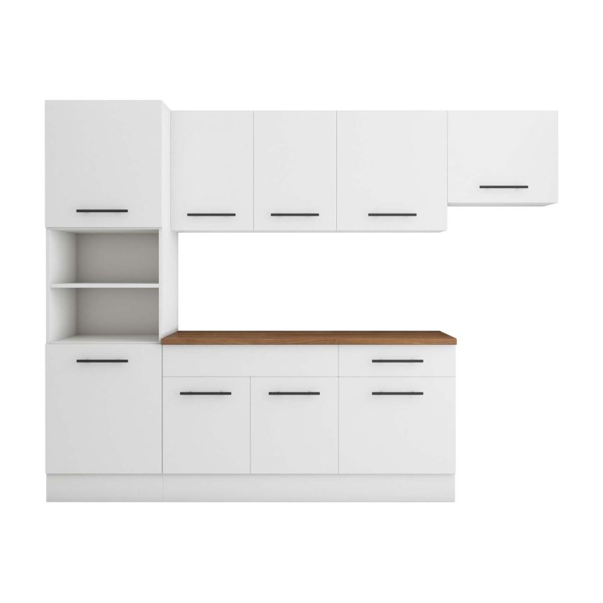 Bucatarie Sofia 260 cm, Alb, Blat termic nuc, Corp cuptor incorporabil