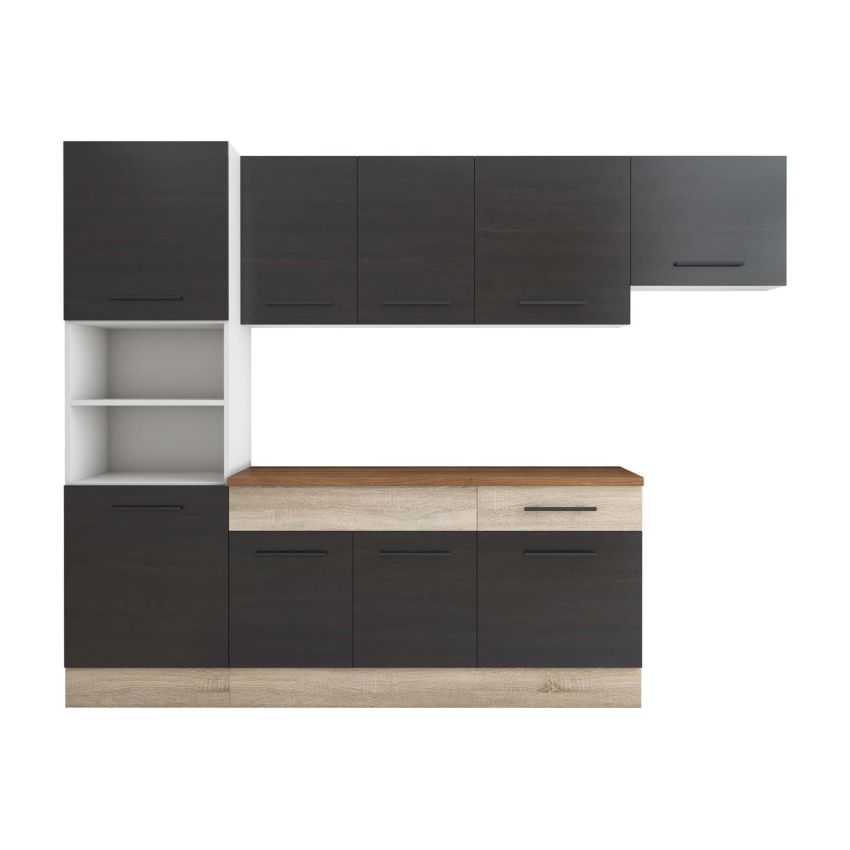 Bucatarie Sofia 260 cm, Wenge / Sonoma, Blat termic nuc, Corp cuptor incorporabil