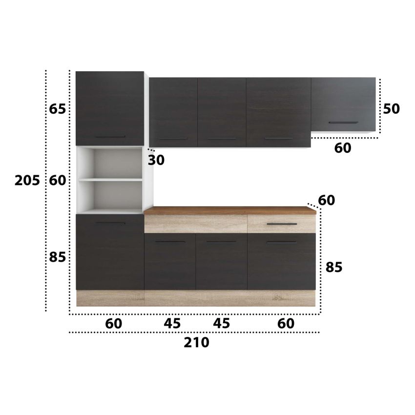 Bucatarie Sofia 260 cm, Wenge / Sonoma, Blat termic nuc, Corp cuptor incorporabil
