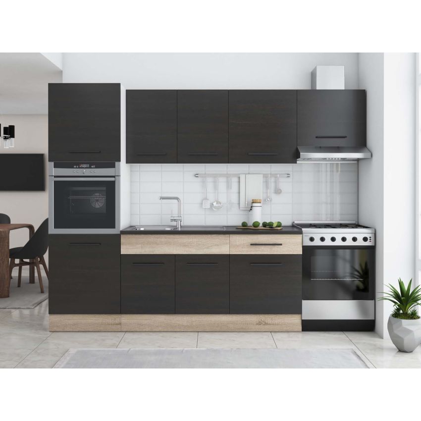 Bucatarie sofia 260 cm, wenge / sonoma, blat termic wenge, corp cuptor incorporabil