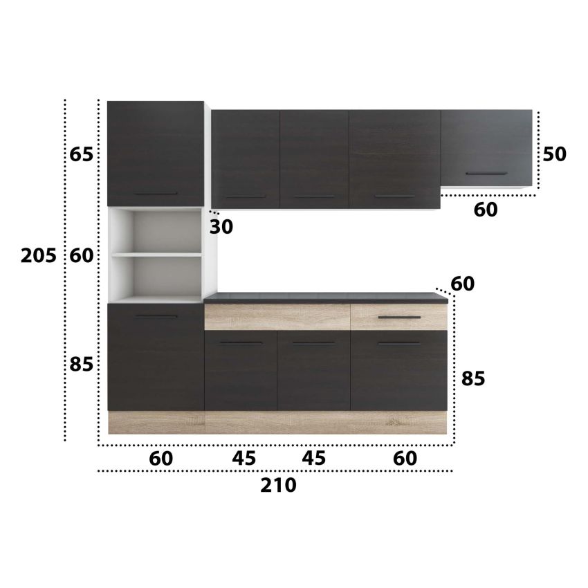 Bucatarie sofia 260 cm, wenge / sonoma, blat termic wenge, corp cuptor incorporabil